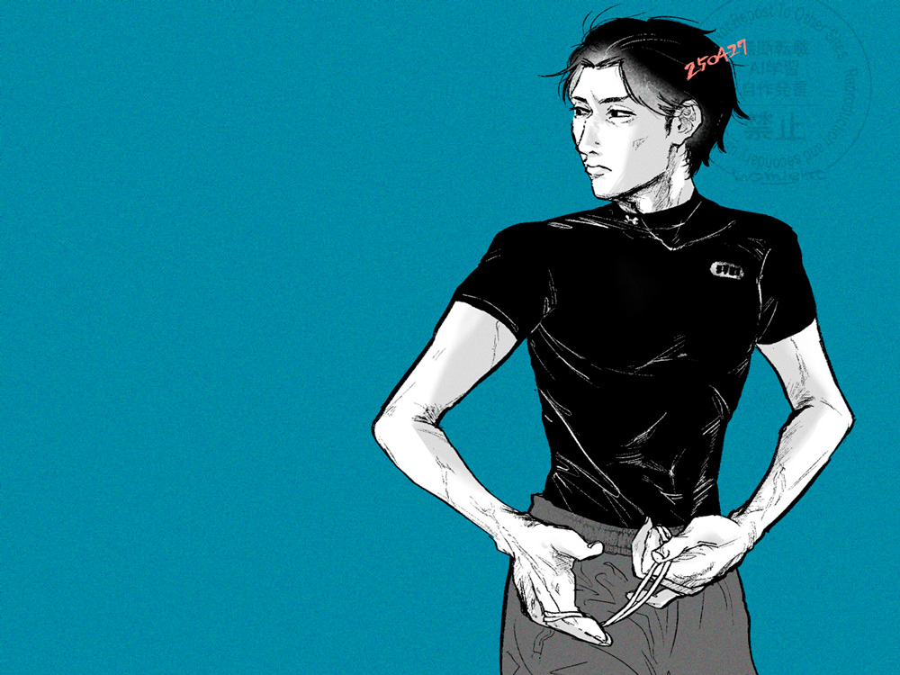 人物はモノクロ。
背景は明度やや低め、彩度やや高めのターコイズ。
服装は半袖のインナーとカッパズボン